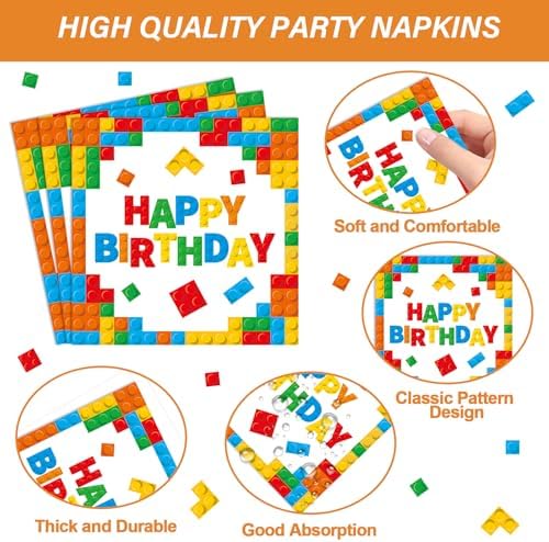 96 Pcs Building Blocks 5th Birthday Paper Plates and Napkins Building Bricks 5th Happy Birthday Tableware Set Brick Theme Party Disposable Plates Set for Boys Kids 5 Years Old Party Decorations - Image 4