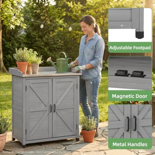 Outdoor Potting Bench with Storage Cabinet, Wooden Garden Potting Table with Metal Tabletop, Workbench Station for Patio Backyard (Classsic Grey, 31.5x17x39) - Image 6