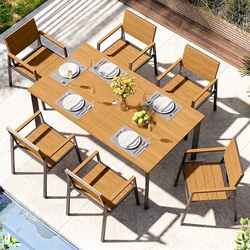 Outdoor Dining Set, Aluminum Patio HDPS Outdooor Table and Chairs Set with Umbrella Hole, All Weather Patio Furniture Set, Patio Dining Table Set ,Gray & Teak ,7 Pieces by ComfCove