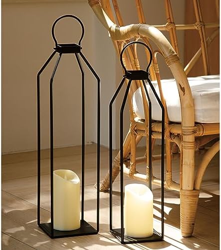 Perfnique Modern Farmhouse Lantern Decor, 19.7'' 22'' Set of 2 Black Metal Lanterns, 2 LED 6hr Timer Flickering Flameless Candles, Lanterns Decorative for Porch, Patio, Fireplace Mantle, Christmas by PERFNIQUE
