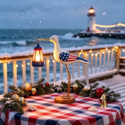 Solar Red White and Blue Seagull Statue Lights National Flag with Christmas,Housewarming Gift for Mom Women - Image 3