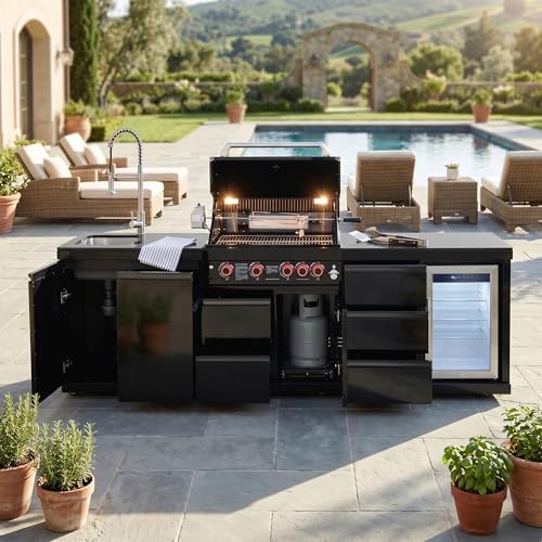 102.4 Inch Outdoor Kitchen Island, 4 Burner Propane Gas BBQ Grill 59500 BTU, 304 Stainless Steel Outdoor Grill Station with Sink, Refrigerator, Rotisserie, Storage Drawers & Cabinet, Black - Image 2