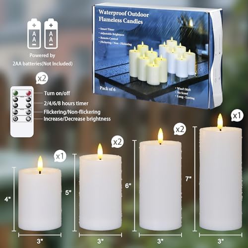Yeelida Outdoor 6pcs Flameless Waterproof Candles with Handy Remote Control, Cycle Timer Battery Operated Candle Grease Effect LED Flickering Pillar Plastic Long Lasting (White, 3" x4" 5" 5" 6" 6" 7") - Image 3