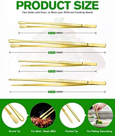 4 Pcs Fine Long Tweezer Tongs Professional Gold, 12'' and 10'' Stainless Steel for Kitchen, Food, Cooking, Repairing, Sea food and BBQ - Image 4