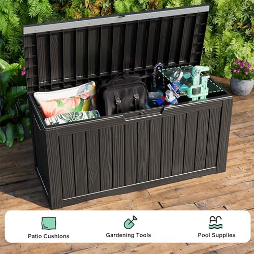 90 Gallon Waterproof Resin Deck Box, UV Resistant Outdoor Storage for Garden, Patio, Porch, Delivery, Striped Black - Image 5