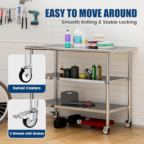 Stainless Steel Work Table with Wheels, 24x60 Inch NSF Kitchen Prep Table with 2 Adjustable Undershelves for Commercial Restaurant, Garage, Outdoor BBQ - Image 6