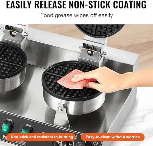 VEVOR Commercial Waffle Maker, Dual-Head Round Waffle Baker Machine, 2460W Non-Stick Stainless Steel Belgian Waffle Iron with Temp and Time Control, Handle, for Restaurant Bakery Snack Bar Family - Image 4