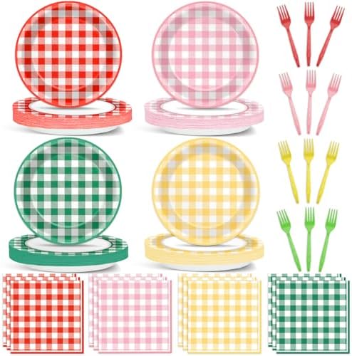 96 Pcs Camp Checkered Paper Plates and Napkins Plaid Checkered Bachelorette Party Supplies Glamping Birthday Tableware Set Spring Summer Plaid Camping Themed Party Favors Baby Bridal Shower by ojustbeok