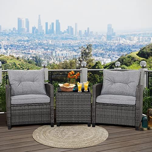 RELAX4LIFE Wicker Patio Furniture Sets - 3 Pieces Rattan Sofa Set, Outdoor Conversation Set with Tempered Glass Tabletop, Heavy-Duty Steel Frame, Wicker Chair Set for Poolside, Backyard, Grey - Image 6