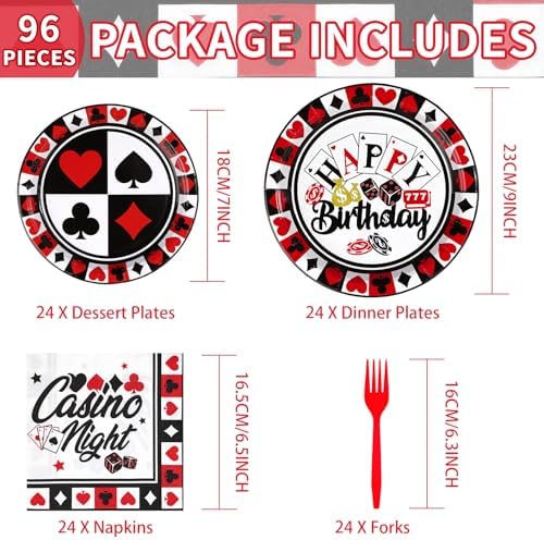 Grencian 96Pcs Casino Party Decorations Poker Plates and Napkins, Serves 24 - Image 2