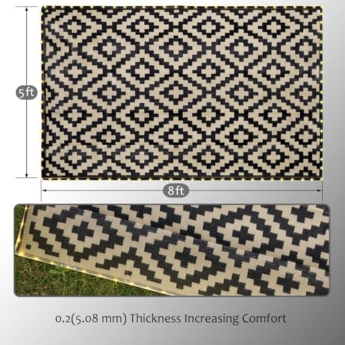 SAND MINE Reversible Mats with Led Strip Lights, Plastic Straw Rug, Modern Area Rug, Large Floor Mat for Outdoors, Patio, Backyard, Deck, Picnic, Camping, Black & Beige, 5' x 8' - Image 2