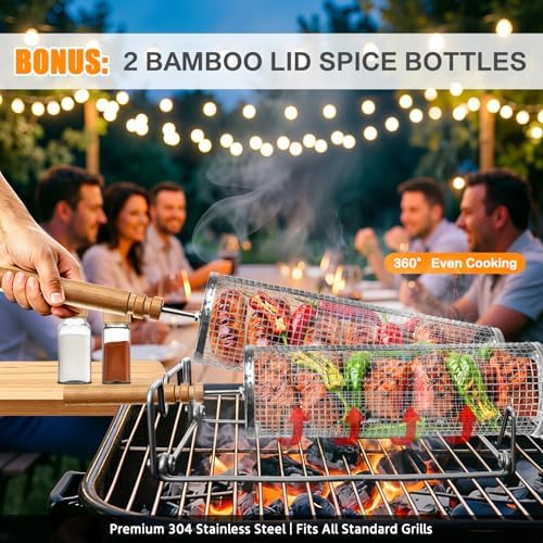 Rolling Grill Basket,Removable Wooden Handle with Condiment Bottle and Stand, 304 Stainless Steel,Nesting BBQ Tools, Smoker Grilling Accessories for Vegetable Shrimp, Birthday Gifts for Men Dad Husban - Image 5