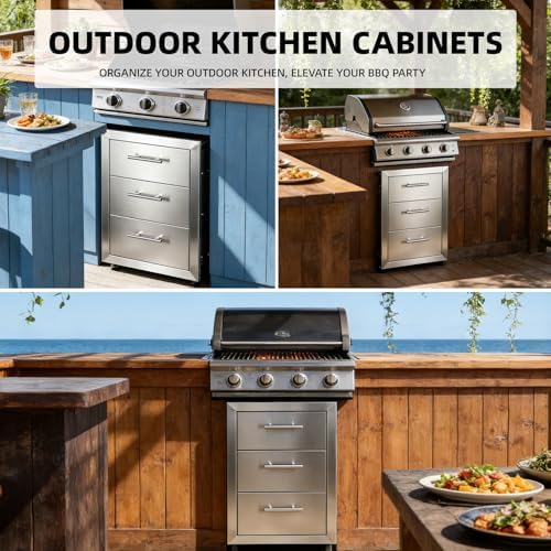 Outdoor Kitchen Drawers 18" x 23" x 23" Stainless Steel Triple Drawer Cabinet with Handles, Flush Mount Modular Storage for BBQ Islands & Patios - Image 3