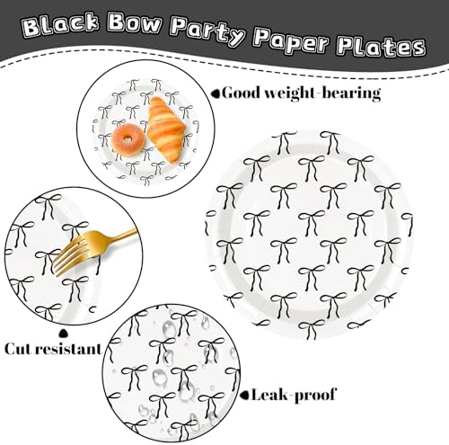 FYSUIMU 50Pcs Black Bow Paper Plate Cute Bowknot Disposable Plates 9 Inch Dinner Dessert Plates for Coquette Birthday Baby Shower Party Tableware Supplies - Image 3