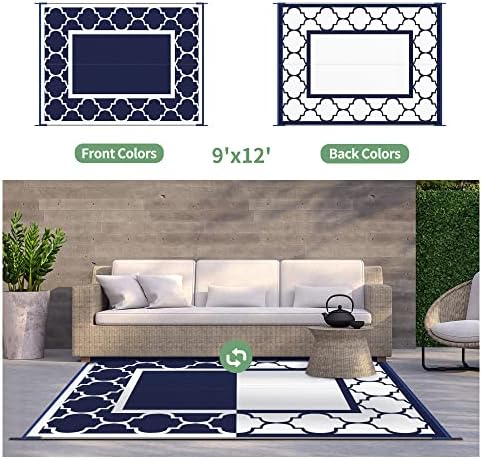 GENIMO Outdoor Rug, Waterproof Plastic Rugs for Patio, 9'x12' Blue White - Image 4