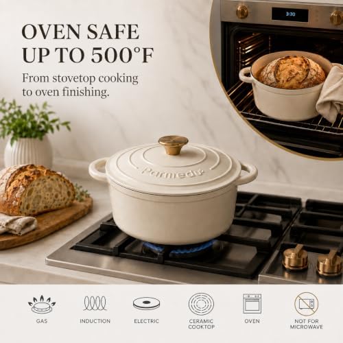 Parmedu 5.5QT Enameled Cast Iron Dutch Oven for Sourdough Bread White - Image 3