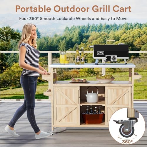 Zevemomo Outdoor Grill Cart with Storage, Stainless Steel Tabletop Outdoor Kitchen Island, Solid Wood Outdoor Buffet Cabinet with Wheels for Grilling, Light Wood Color - Image 6