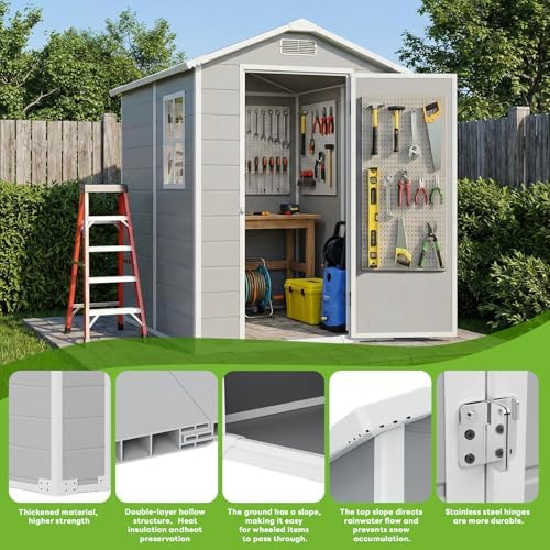 4x6 FT Outdoor Storage Shed with Floor & Window, All-Weather Resin Garden Tool Shed, Waterproof Plastic Garden Shed with Lockable Door, Vents & Roof Rainwater Drainage for Backyard, Garden, Poolside - Image 3