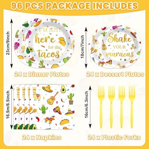 96 Pcs Mexican Fiesta Paper Plates and Napkins Taco Fiesta Party Supplies Mexican Themed De Mayo Dessert Tableware Set Dia De Los Muertos Colorful Themed Party Favors Baby Shower - Image 2
