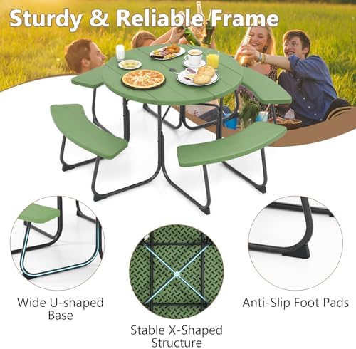 COSTWAY Round Outdoor Picnic Table with Bench Set for 4-8 People (Green) - Image 7
