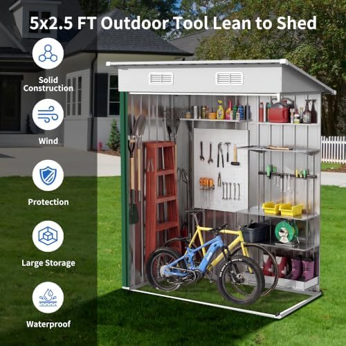 5X 3 FT Lockable Metal Storage Shed, Outdoor Bicycle Sheds Vertical Green - Image 4