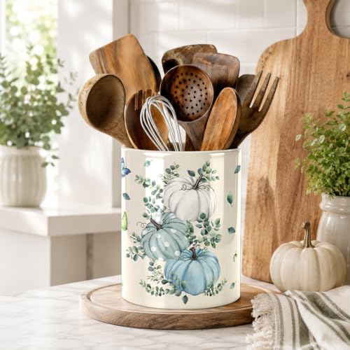 Fall Blue Kitchen Utensil Holder, Pumpkin Large Ceramic Utensil Holder For Kitchen Organizer, Autumn Farm 6.3'' Cooking Utensil Crocks Rustic Decor Utensil Storage Cup for Countertop - Image 2