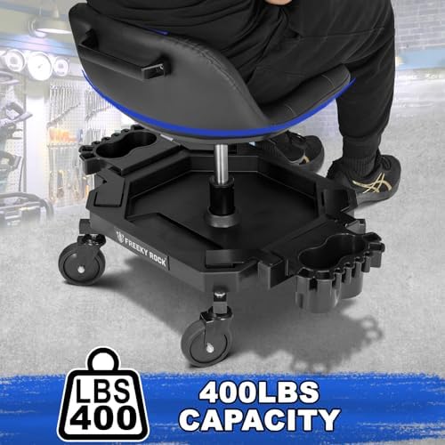 Rolling Stool with Wheels, Adjustable Height Pneumatic Garage Work Mechanic Stool Seat with Backrest, 400 LBS Capacity 360° Swivel Mechanic Crepper Chair with Tool Tray Storage, Blue - Image 7