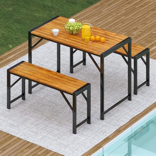 Tangkula 3-Pieces Patio Dining Set for 4 People, Outdoor Picnic Table & 2 Benches, 44" Acacia Wood Dining Table w/Metal Frame, Space-Saving Dinette Set for Garden Porch Poolside Yard Balcony - Image 2