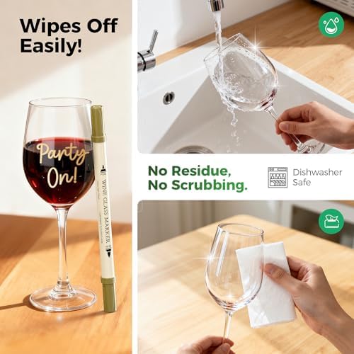 Wine Glass Markers Washable, 8-Pack Dual Tip Erasable Pens | Food Grade Non-Toxic Ink for Glasses, Ceramic | Party Accessories - Image 6