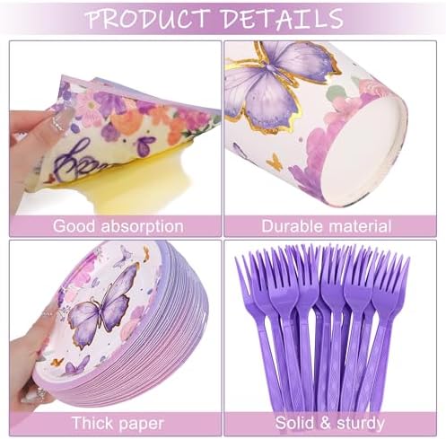 Kochorie 144 Pieces Butterfly Birthday Party Supplies Including Disposable Paper Plates Napkins Cups Forks Serves 24 for Baby Shower Girls Animal Butterfly-themed Party Decorations - Image 3