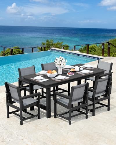 SERWALL 7 Pcs HDPE Patio Dining Set, HDPE Dining Set for 6, Black - Image 7