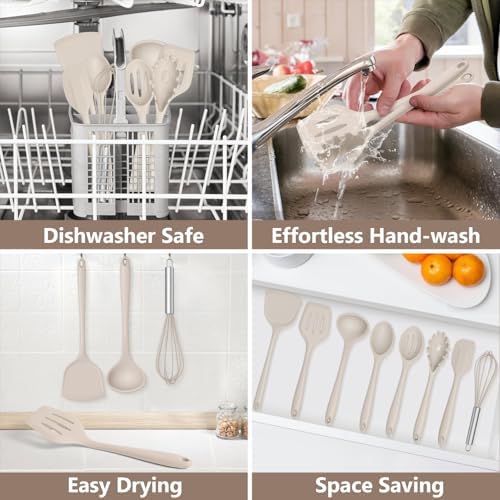 TeamFar Silicone Cooking Utensils Set, 8 PCS Kitchen Utensils Set, Khaki - Image 6
