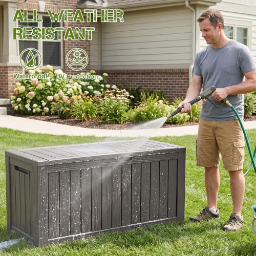 ROJIK 160 Gallon Outdoor Storage Box Waterproof,Weatherproof Deck Boxes Outdoor Lockable,Resin Outside Storage Box for Garden Tools, Accessories,Cushions(Grey) - Image 3