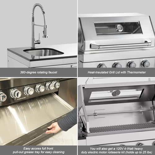 Outdoor Kitchen Island 98.4 Inch, 72000 BTU Gas Grill Combination With Refrigerator and Sink, Outdoor Stainless Steel Barbecue Bar, Natural Gas Barbecue Grill for Patios, Gardens, Parties - Image 5