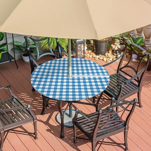 Fitted Round Tablecloth with Umbrella Hole and Zipper Buffalo Plaid Outdoor Elastic Table Cloth 36"-44" Oil-Proof Waterproof Moroccan Patio Table Cover for Dining Picnic Party, Blue and White - Image 7