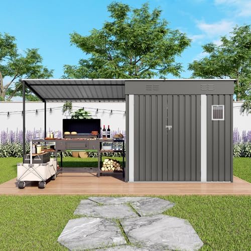 12x4FT Metal Lean-to Shed with Open-Sided Pergola, 4'x6' Outdoor Storage Shed & 6'x4' Hardtop Gazebo Combo, 2-in-1 Garden Storage Tool Shed for Patio, Backyard, Outdoor Organization Structure by GDFStudio