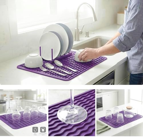 MicoYang Silicone Dish Drying Mat — Quick-Dry Ridges Counter & Sink Pad, Heat-Resistant Trivet to 450°F, Non-Slip & Dishwasher Safe, Roll-Up Storage, 18 Colors & 9 Sizes (Purple, 16"×12") - Image 4