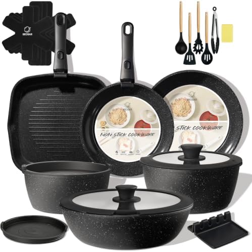 BECIGAR 24pcs Ceramic Pots and Pans Set, Nonstick Detachable Handle Cookware, Induction Kitchen Cooking Set with Removable Handle,include Frying Pans & Saucepans Oven Safe (Black) by BecigarCookware