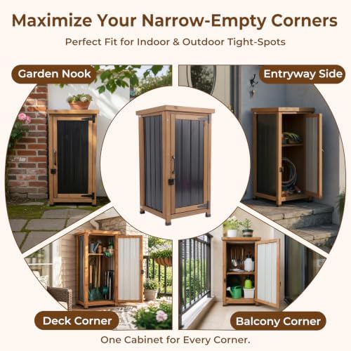 PetsCosset Small Outdoor Storage Cabinet Waterproof with Metal Top, Wood & Metal Outside Potting Bench Table Tool Organizer with Adjustable Shelf for Patio Backyard Garden - Image 4