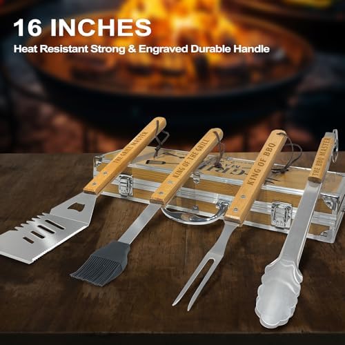 Grilling Accessories, Christmas Grilling Gifts for Men, Birthday Gift for Dad, Heavy Duty Wooden BBQ Grill Kit, Thick Stainless Steel Grill Utensils with Non-Slip Handle Tools in Portable Bag - Image 3