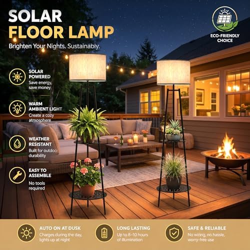 MXwcy 2Pack Solar Outdoor Floor Lamps with Plant Shelves, Waterproof Solar Standing Lamps for Patio Porch Garden Yard, Auto On/Off Warm LED Outdoor Floor Lights, Cordless 2-Tier Plant Stand Decor - Image 3