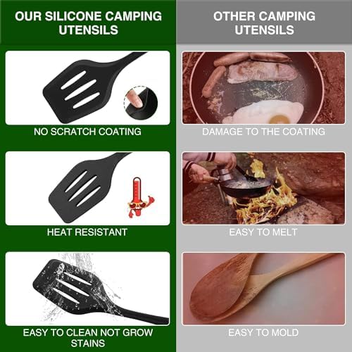 Camping Essentials Cookware Cooking Utensils Set - Portable Camp Kitchen Mess Kit Outdoor Accessories, Stainless Steel & Silicone, Camping Gear Equipment for RV Picnic Grill, Brown - Image 3