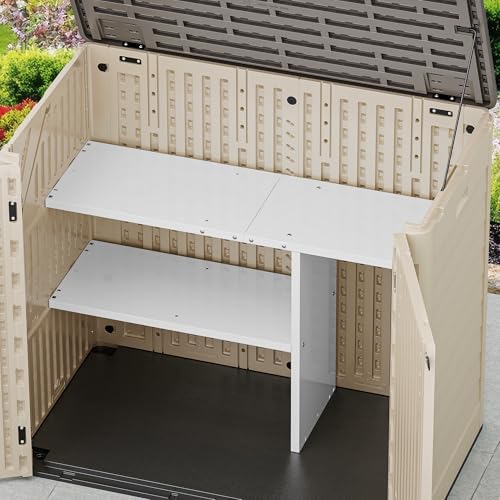 YITAHOME 30 CuFt Outdoor Storage Shed with Shelf, Horizontal Storage Cabinet for Garden Tool, Waterproof Outdoor Storage Shed for Garage, Resin Pool Storage, Easy to Assemble, Khaki & Brown - Image 5
