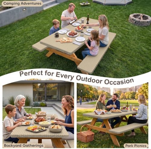 Picnic Table Cover with Bench Covers Portable Table Cloth Built-in Storage Pocket Picnic Table Covers With Elastic Waterproof Camping Essentials for RV Camping - Image 6