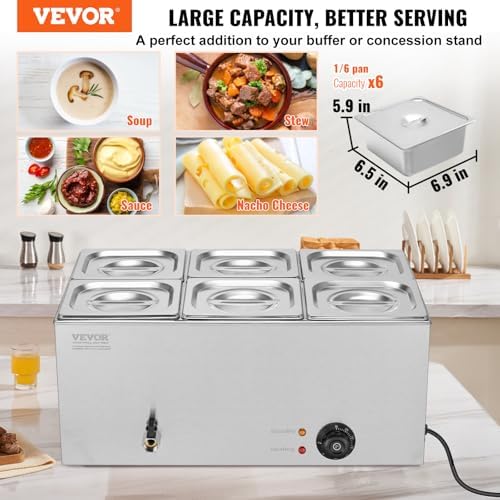 VEVOR 6-Pan Commercial Food Warmer, 24QT Electric Steam Table, 1200W Professional Countertop Stainless Steel Buffet Bain Marie with 86-185°F Temp Control for Catering and Restaurants, Silver - Image 2
