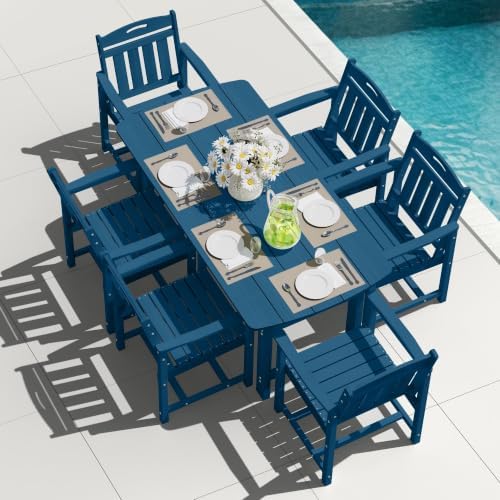 HDPE Outdoor Dining Set, Patio Table and 6 Chairs, 2" Umbrella Hole, Navy by Suunyn