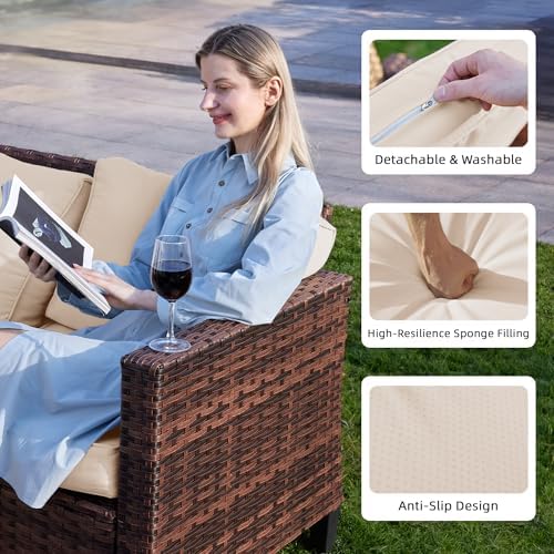 UDPATIO Patio Furniture Set, 6 Pieces Outdoor Furniture Sets with Rocking Swivel Chairs, Wicker Rattan Outdoor Conversation Set with Storage Table and Waterproof Covers for Backyard Deck Porch, Khaki - Image 6