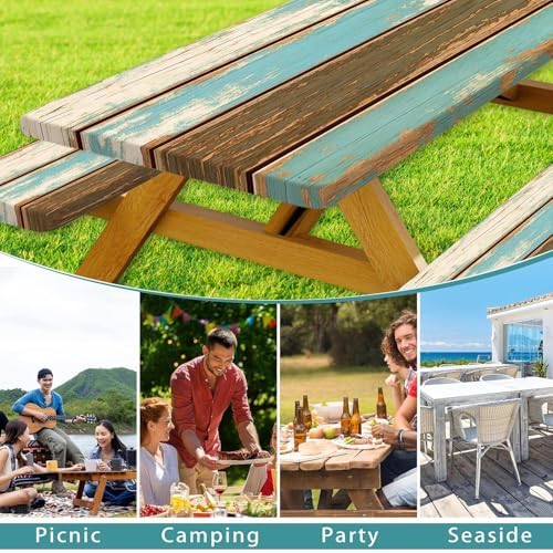 Picnic Table Cover with Bench Covers, Camping Essentials, Farmhouse Wood Green Waterproof Windproof Table Cover, Fitted Tablecloth Cover with Elastic Edge, for Indoor & Outdoor, 3 PCS, 30x96 Inch - Image 3