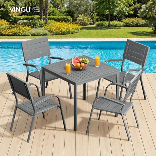 VINGLI Outdoor Patio Dining Chairs, Stackable HDPE All-Weather Arm Chairs, Weatherproof Outdoor Seating for Garden, Backyard, Poolside, Balcony,Grey (4 Pack) - Image 7