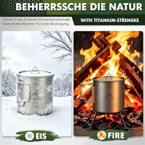 THTYBROS Titanium Cup Ultralight Camping Mug with Foldable Handle & Lid, Pure Titanium Cookware for Outdoor Hiking, Backpacking, Picnic, and Campfire - Image 3
